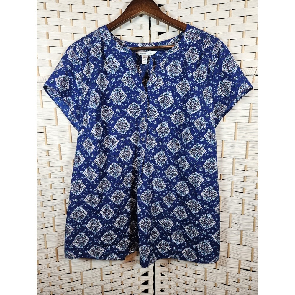 Croft & Barrow Womens Blue Geometric Top Sz 1X Cottagecore Colorful